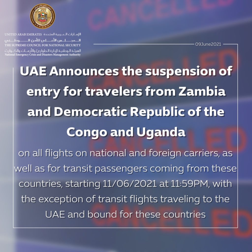 UAE memo of entry suspension for travelers from Uganda Democratic Republic of the Congo & Zambia on national & foreign flights