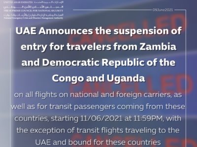 UAE memo of entry suspension for travelers from Uganda Democratic Republic of the Congo & Zambia on national & foreign flights