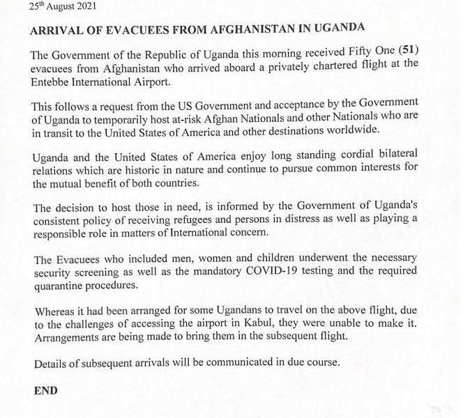 Government of Uganda has received 51 evacuees from Afghanistan at Entebbe Airport.