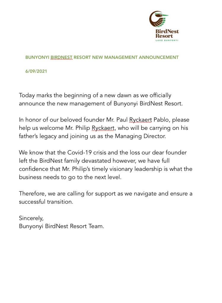 BirdNest Resort at Lake Bunyonyi announces new Philip Ryckaet Managing Director