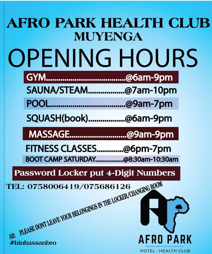 Afro Park Hotel Muyenga Kampala Uganda Health Club Time Table or Opening Hours