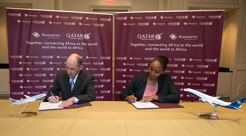 Qatar Airways Group Chief Executive, His Excellency Mr Akbar Al Baker and RwandAir Chief Executive Officer, Ms. Yvonne Makolo sign airline codesharing deal