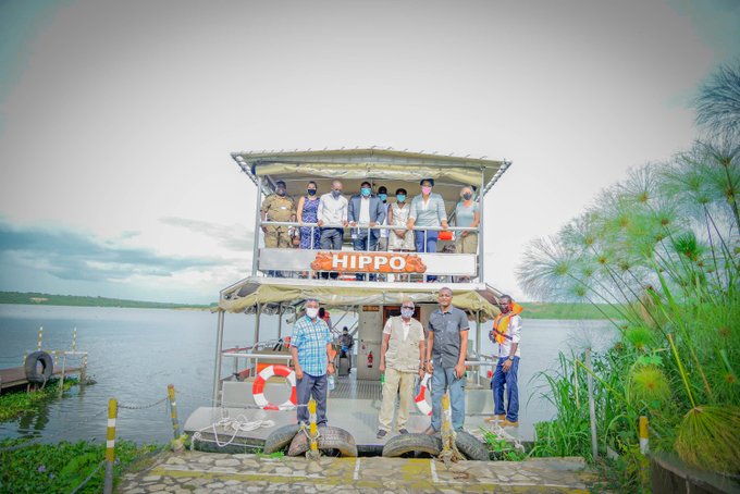 US Embassy Ambassador in Uganda Uganda Wildlife Authority Respresentationa and park local community leaders take a boat trip at Kazinga Channel to Queen Elizabeth National Park in Uganda