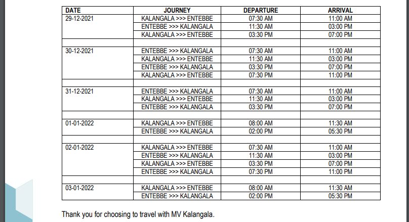 MV KALANGALA FERRY TIME TABLE NEW YEARS FESTIVE PERIOD BETWEEN 29th DECEMBER 2021 – 02nd JANUARY 2022