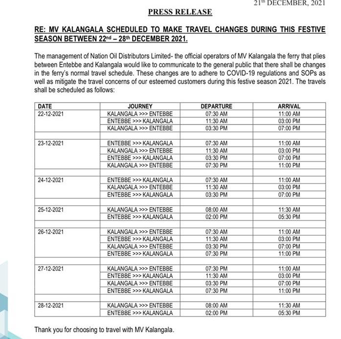  MV Kalangala ferry crossing schedule revised Dec 2021