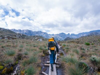 A photograph of a tourist captured during a hiking experience in Rwenzori Mountains National Park in Western Uganda.