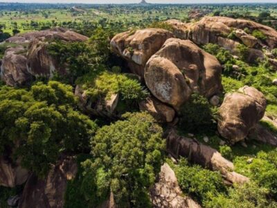 A photograph showing an aerial view of the Nyero Rock Paintings site located in Kumi district in Eastern Uganda