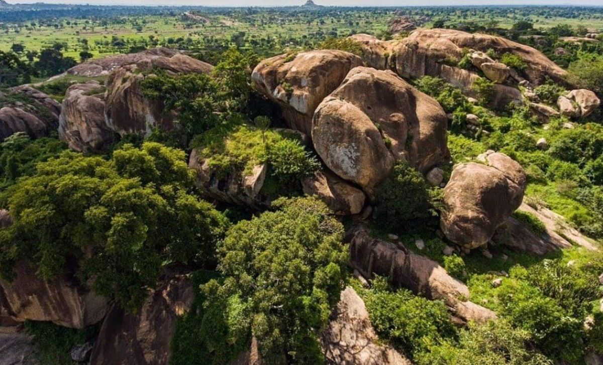 A photograph showing an aerial view of the Nyero Rock Paintings site located in Kumi district in Eastern Uganda