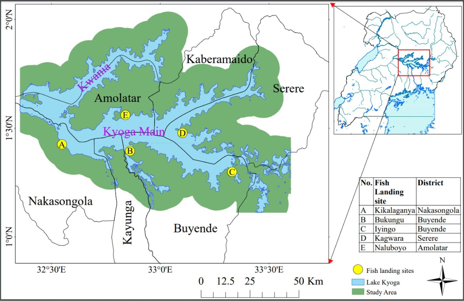 A photograph of a map showing the Fish Landing Sites on Lake Kyoga Uganda