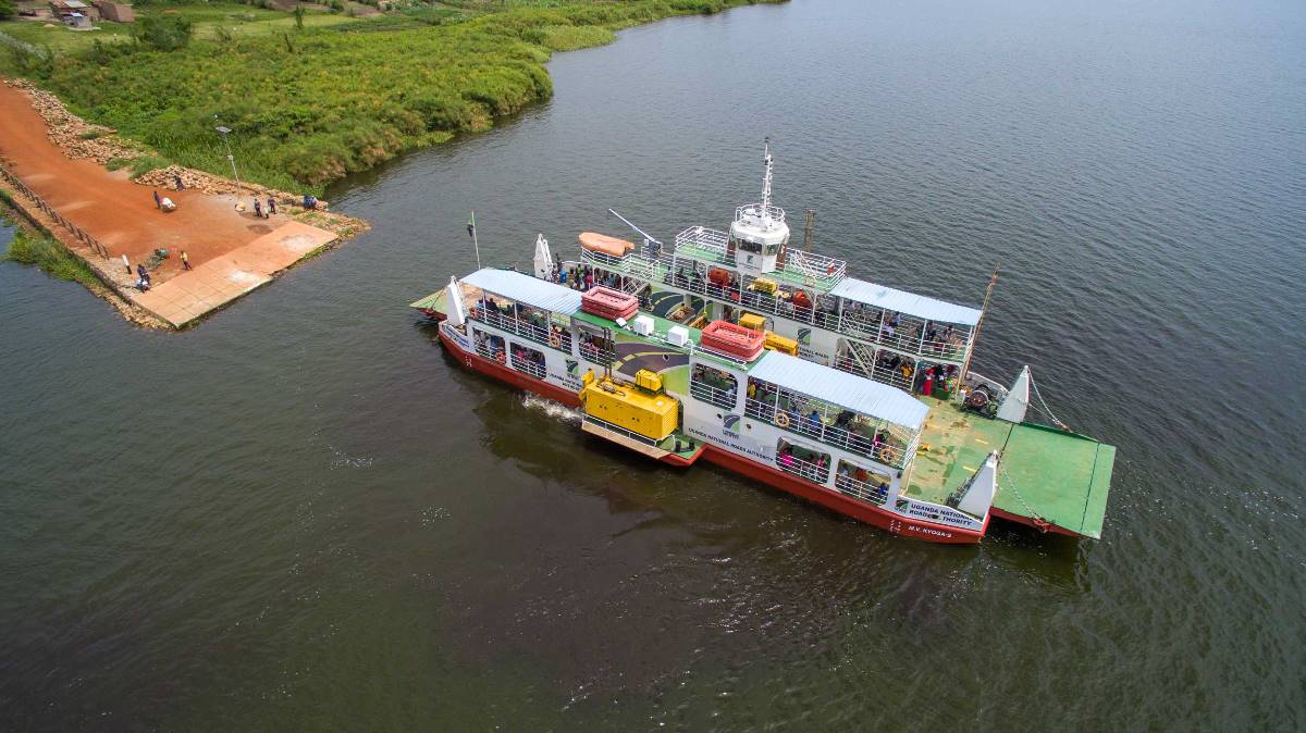 A photograph showing the MV KYOGA-2 Ferry approaching the landing site at Zengebe - Nakasongola