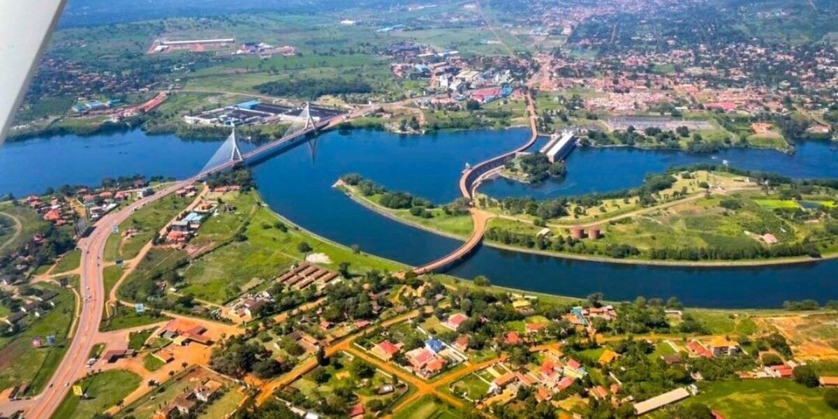 An aerial photograph of Jinja City and the Nile River in Jinja City in Eastern Uganda
