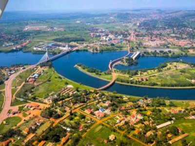 An aerial photograph of Jinja City and the Nile River in Jinja City in Eastern Uganda