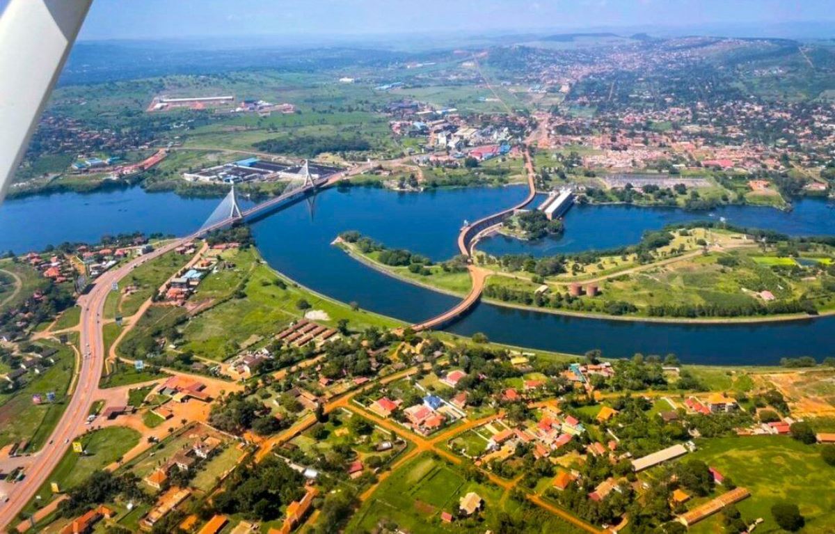 An aerial photograph of Jinja City and the Nile River in Jinja City in Eastern Uganda