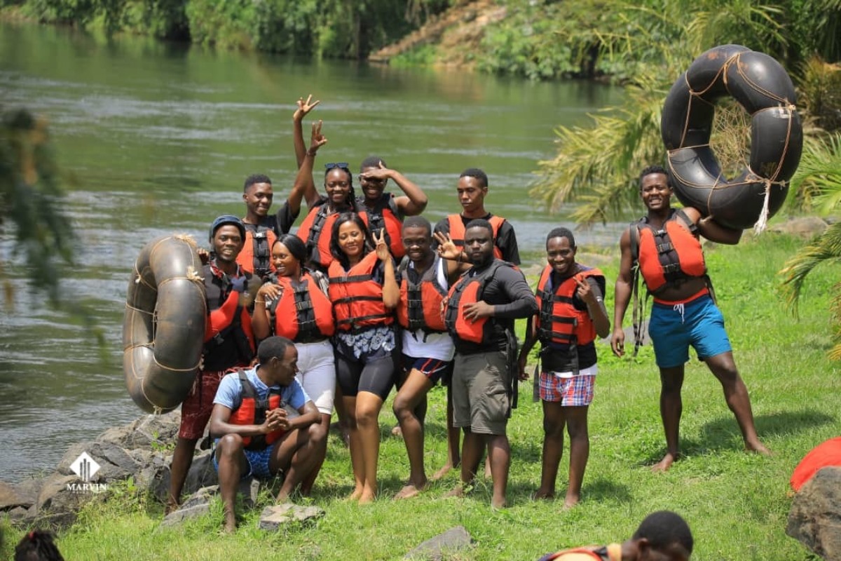 A photograph of tourists taken during an adventure tour to Jinja City in Eastern Uganda