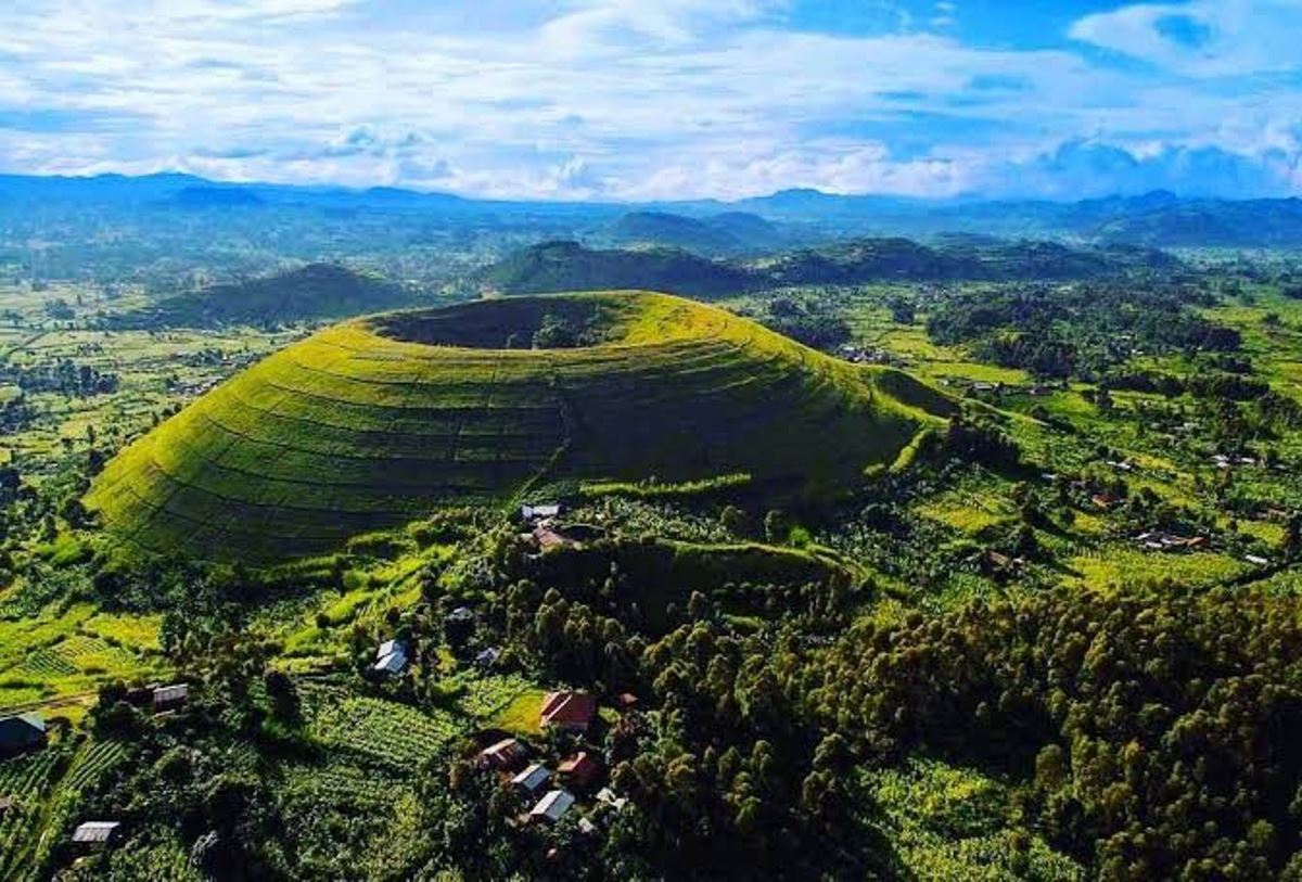 An aerial photograph of the Sagitwe Caldera taken during a hiking tour in Kisoro district in Western Uganda