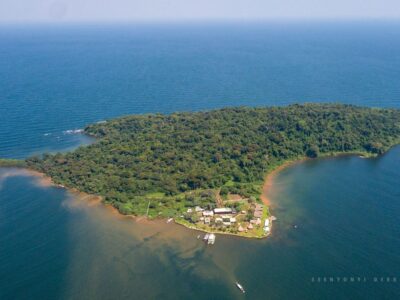 A photograph showing the aerial view of Ngamba Island on Lake Victoria in Central Uganda A photograph showing the aerial view of Ngamba Island on Lake Victoria in Central Uganda