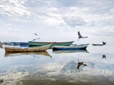 A photograph of canoe boats taken during a fishing tour on Lake Albert located on the boarder of Uganda and Democratic Republic of Congo