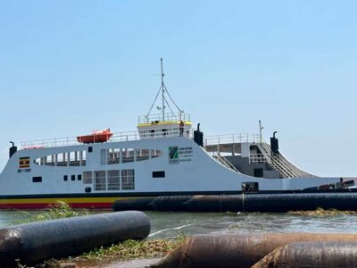 A photograph of the MV Bukungu-Kaberamaido-Kagwara 1 Ferry on Lake Kyoga taken during a boat cruise on Lake Kyoga located in Central Uganda