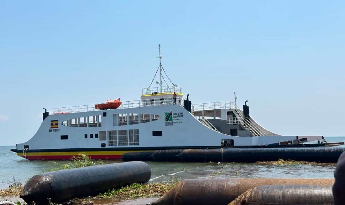 A photograph of the MV Bukungu-Kaberamaido-Kagwara 1 Ferry on Lake Kyoga taken during a boat cruise on Lake Kyoga located in Central Uganda