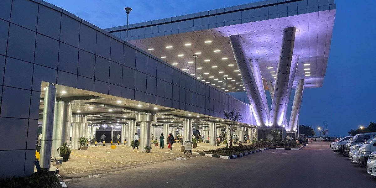 A photograph showing the main entrance at Entebbe International Airport taken during an Entebbe International Airport tour in Entebbe, Uganda