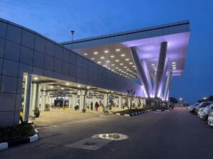 A photograph showing the main entrance at Entebbe International Airport taken during an Entebbe International Airport tour in Entebbe, Uganda