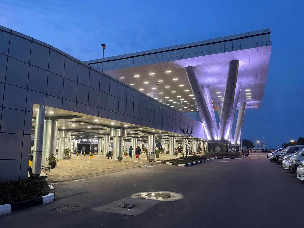 A photograph showing the main entrance at Entebbe International Airport taken during an Entebbe International Airport tour in Entebbe, Uganda