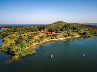 A photograph of the aerial view of Bulago Island in Lake Victoria, Uganda