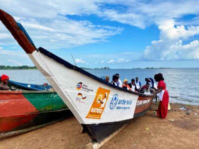 A photograph of the arche noVa boat taken during a Lake Victoria Fishing trip in Uganda