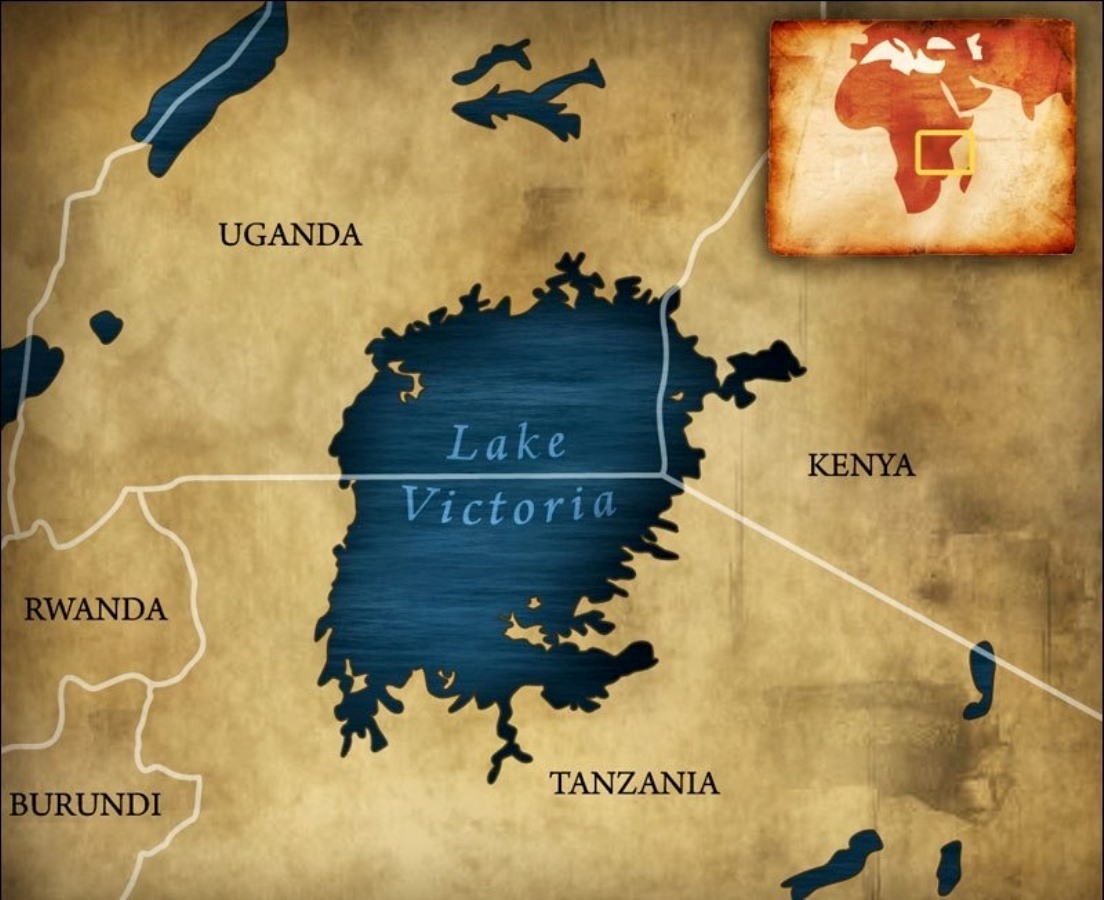 A photograph of the map showing the location of Lake Victoria in Uganda