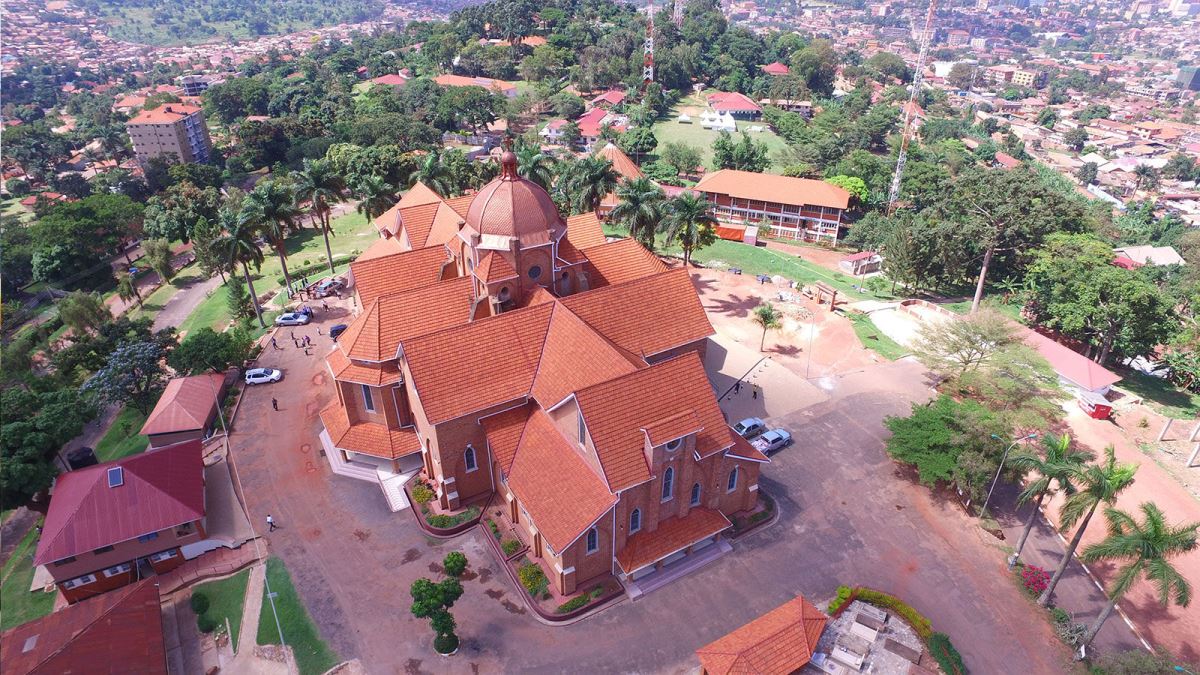 A photograph showing an aerial view of Namirembe Cathedral in Kampala, Central Uganda