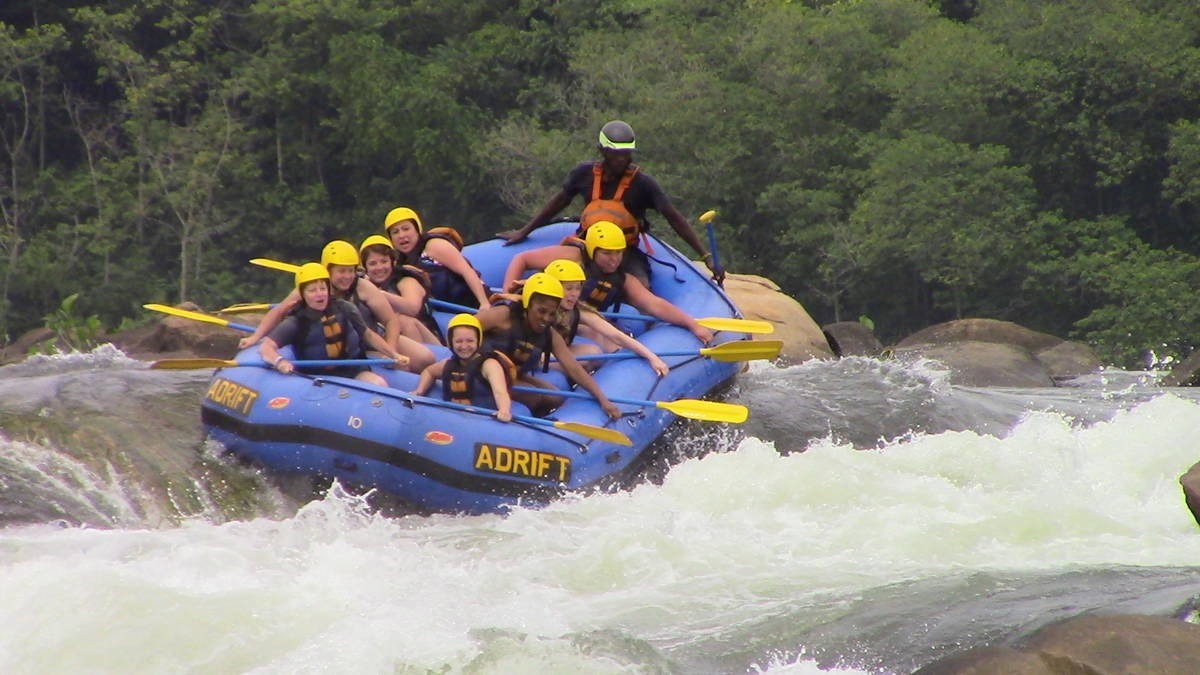 A photograph of tourists rafting taken during a rafting tour in Jinja in Eastern Uganda.