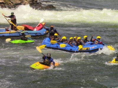 A photograph of tourists rafting taken during a rafting tour in Jinja in Eastern Uganda.