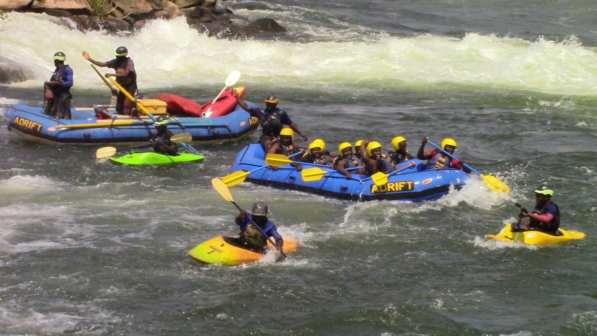 A photograph of tourists rafting taken during a rafting tour in Jinja in Eastern Uganda.