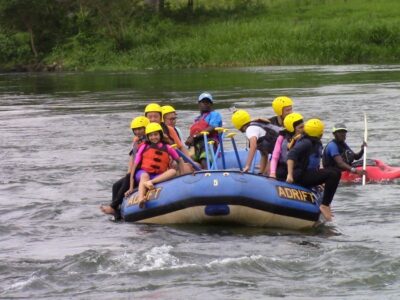 A photograph of tourists rafting taken during a rafting tour in Jinja in Easter Uganda.