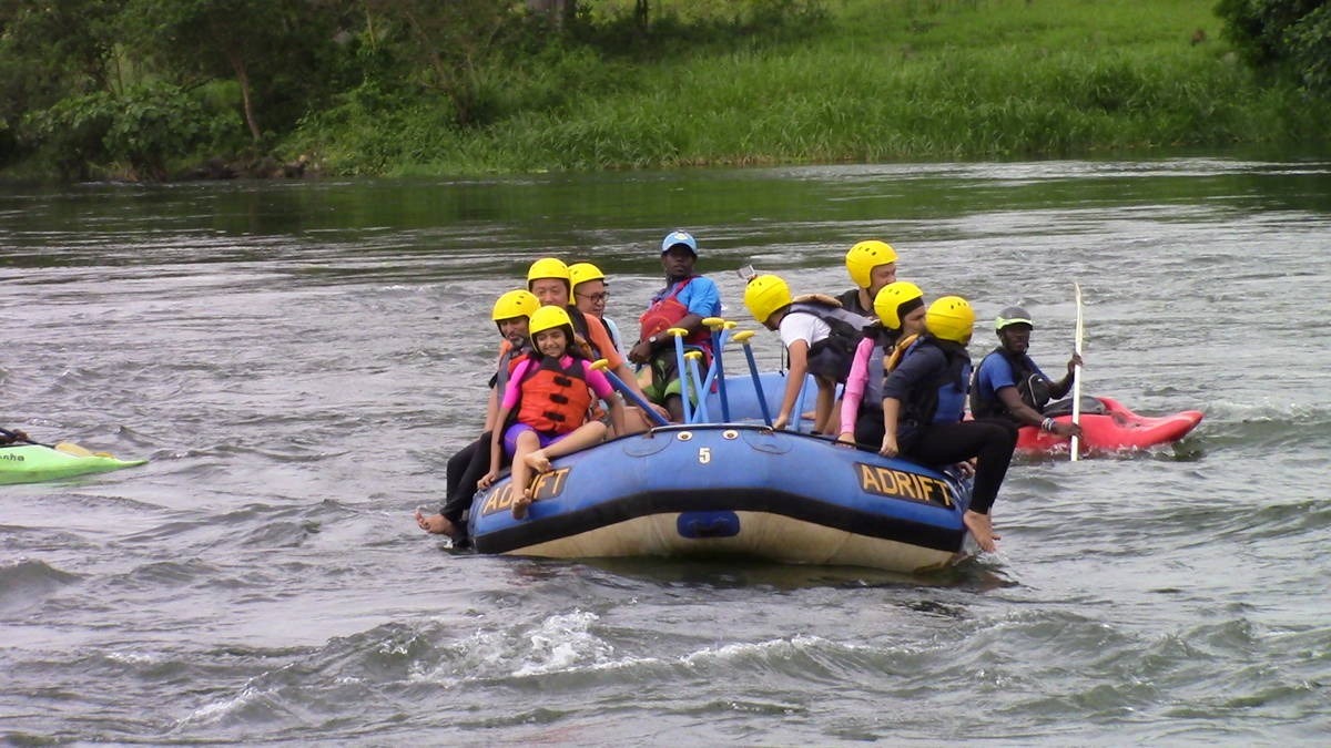 A photograph of tourists rafting taken during a rafting tour in Jinja in Easter Uganda.