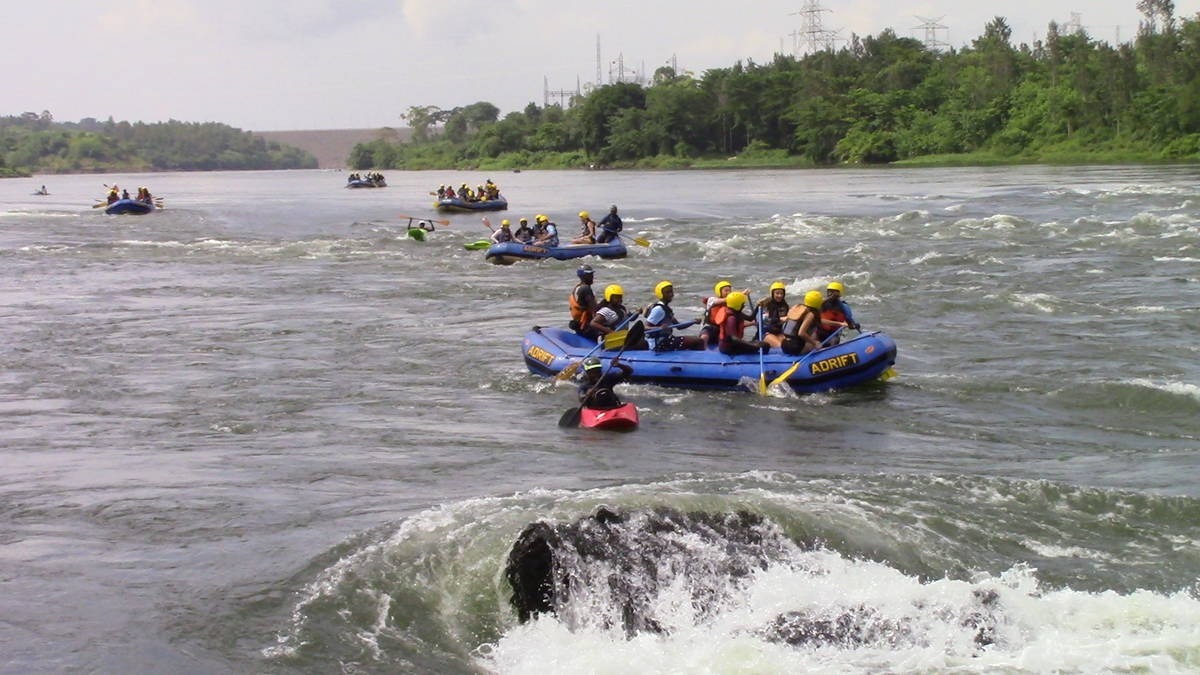 A photograph of tourists rafting taken during a rafting tour in Jinja in Eastern Uganda.