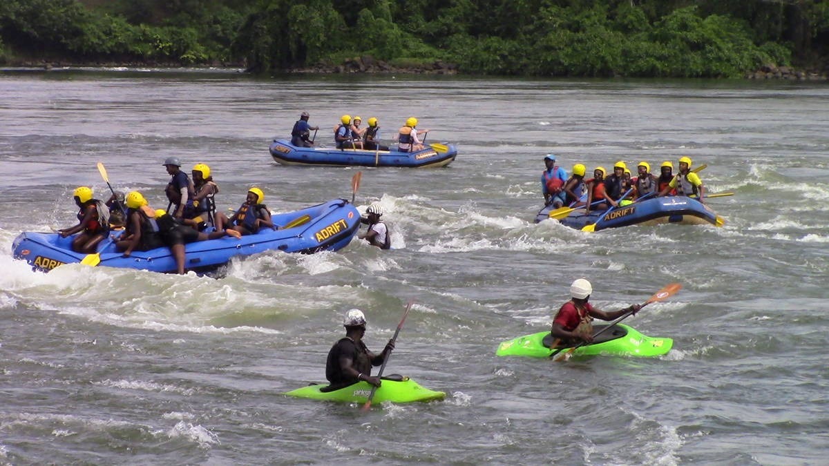 A photograph of tourists rafting taken during a rafting tour in Jinja in Easter Uganda.