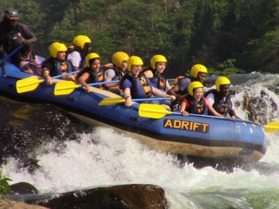 A photograph of tourists rafting taken during a rafting tour in Jinja in Eastern Uganda.