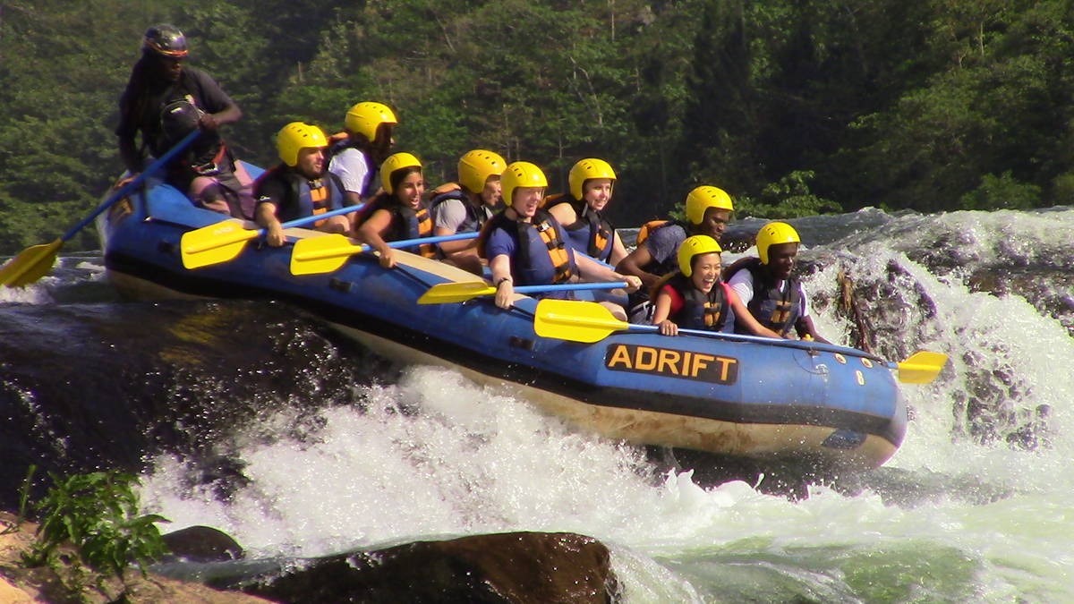 A photograph of tourists rafting taken during a rafting tour in Jinja in Eastern Uganda.