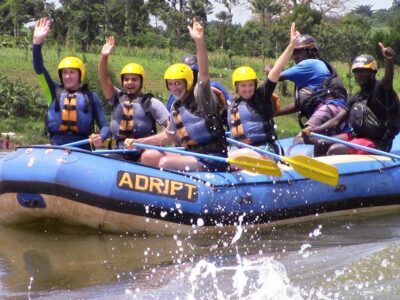 A photograph of tourists rafting taken during a rafting tour in Jinja in Easter Uganda.