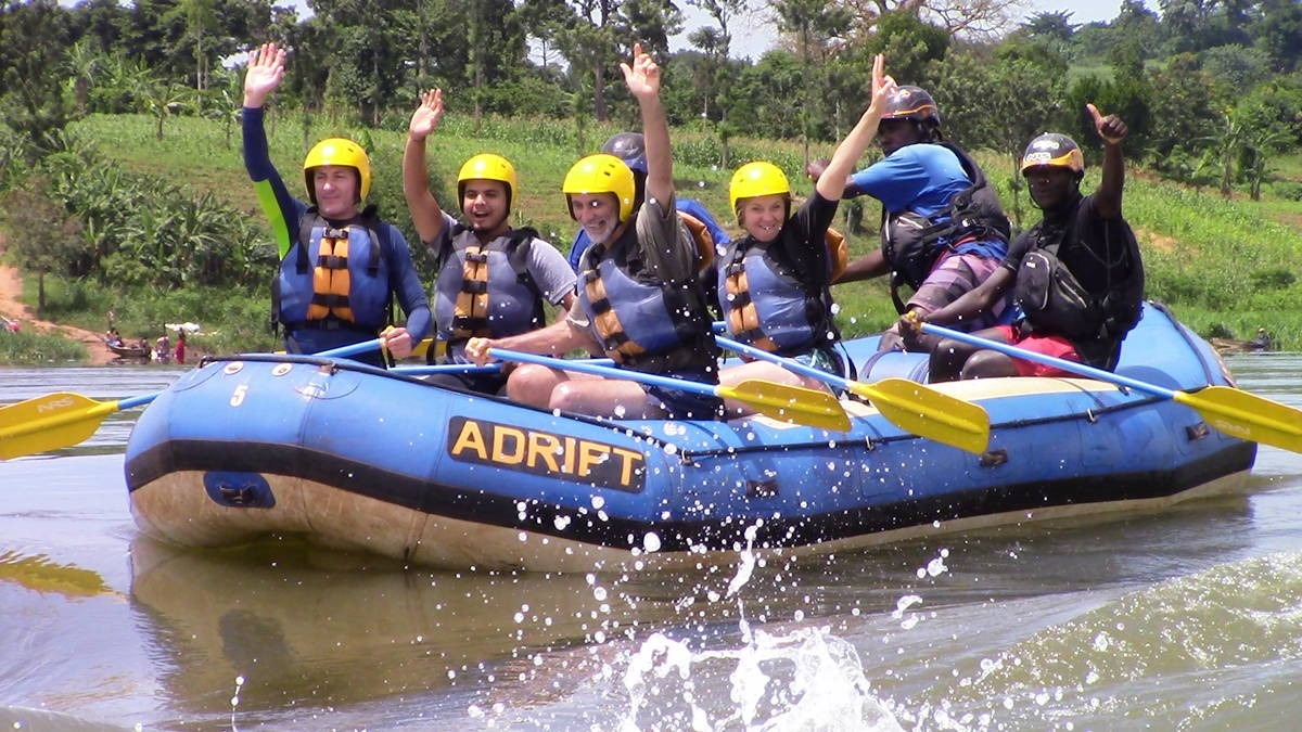 A photograph of tourists rafting taken during a rafting tour in Jinja in Easter Uganda.