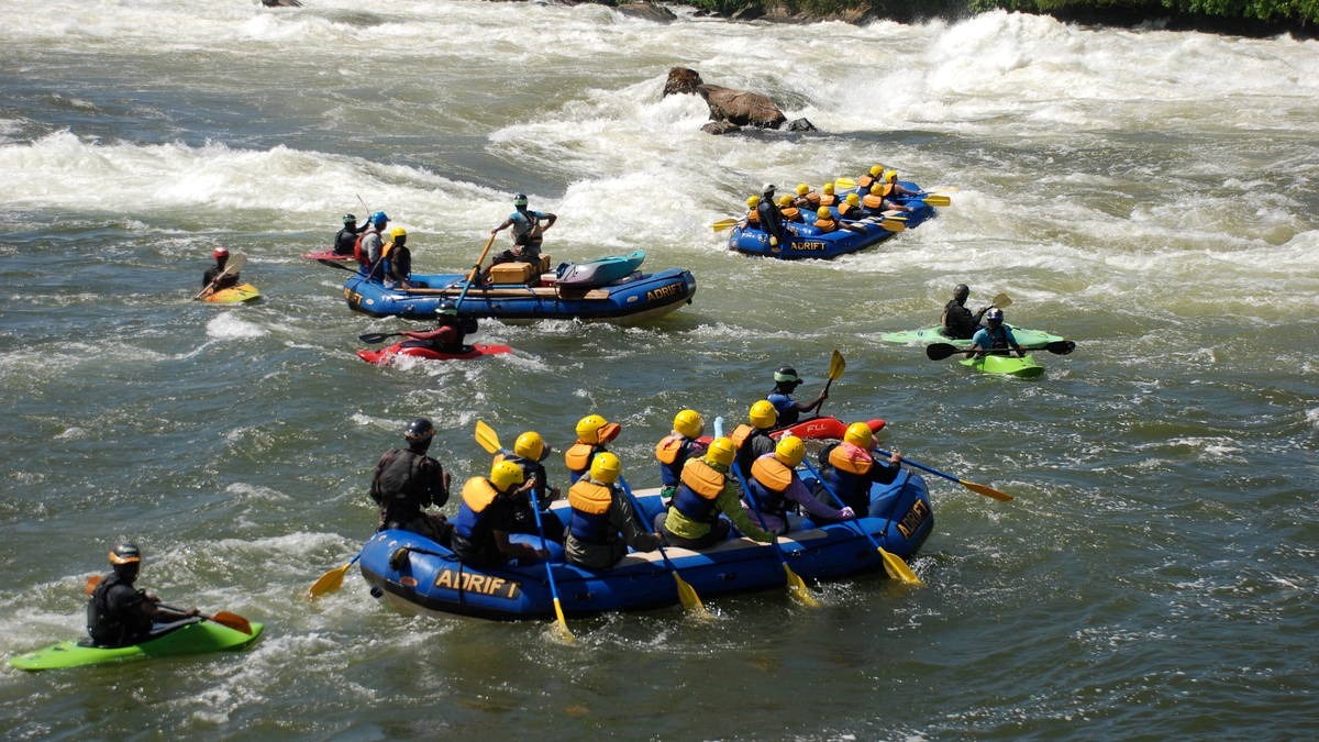 A photograph of tourists rafting taken during a rafting tour in Jinja in Eastern Uganda.