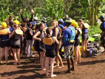 A photograph of tourists preparing for a rafting tour in Jinja in Easter Uganda.