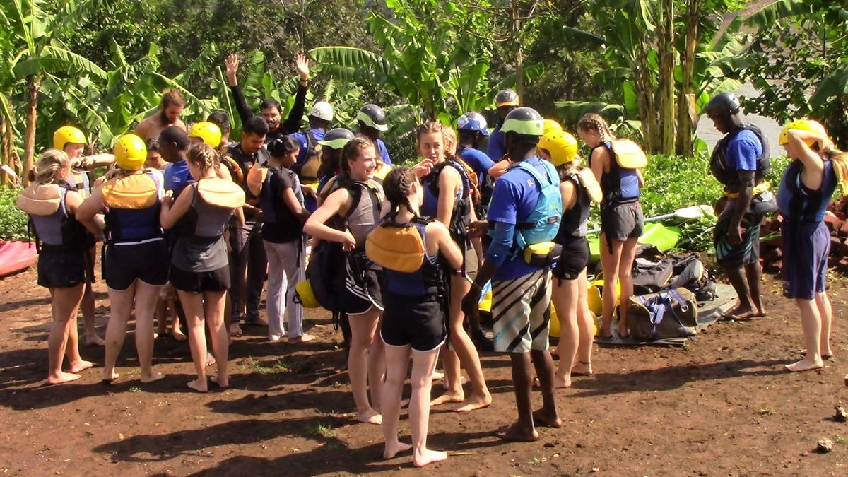 A photograph of tourists preparing for a rafting tour in Jinja in Easter Uganda.