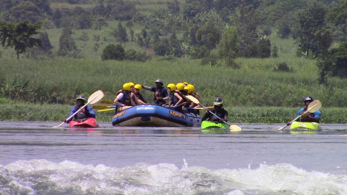 A photograph of tourists rafting taken during a rafting tour in Jinja in Easter Uganda.