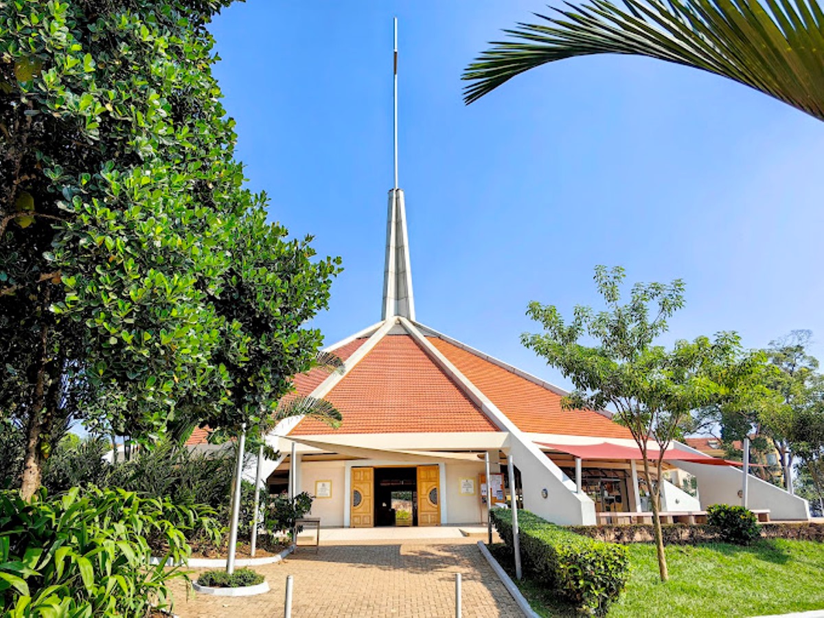 A photograph of the Munyonyo Martyrs' Shrine located in Kampala, Uganda.