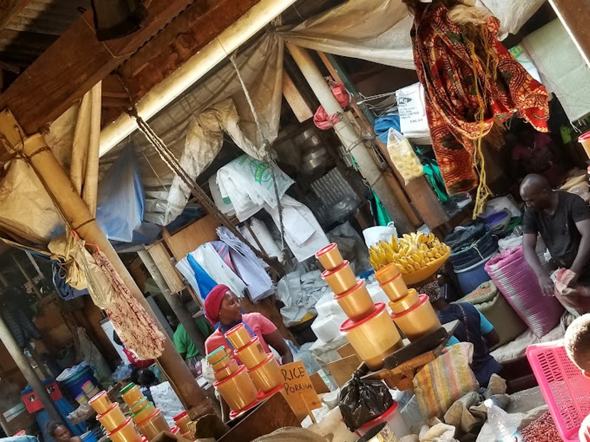 A photograph taken from Owino Market in Kampala, Uganda.