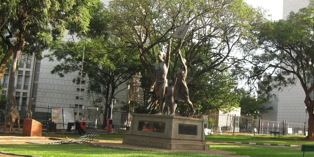 A photograph of the Stride Monument in Kampala, Uganda.