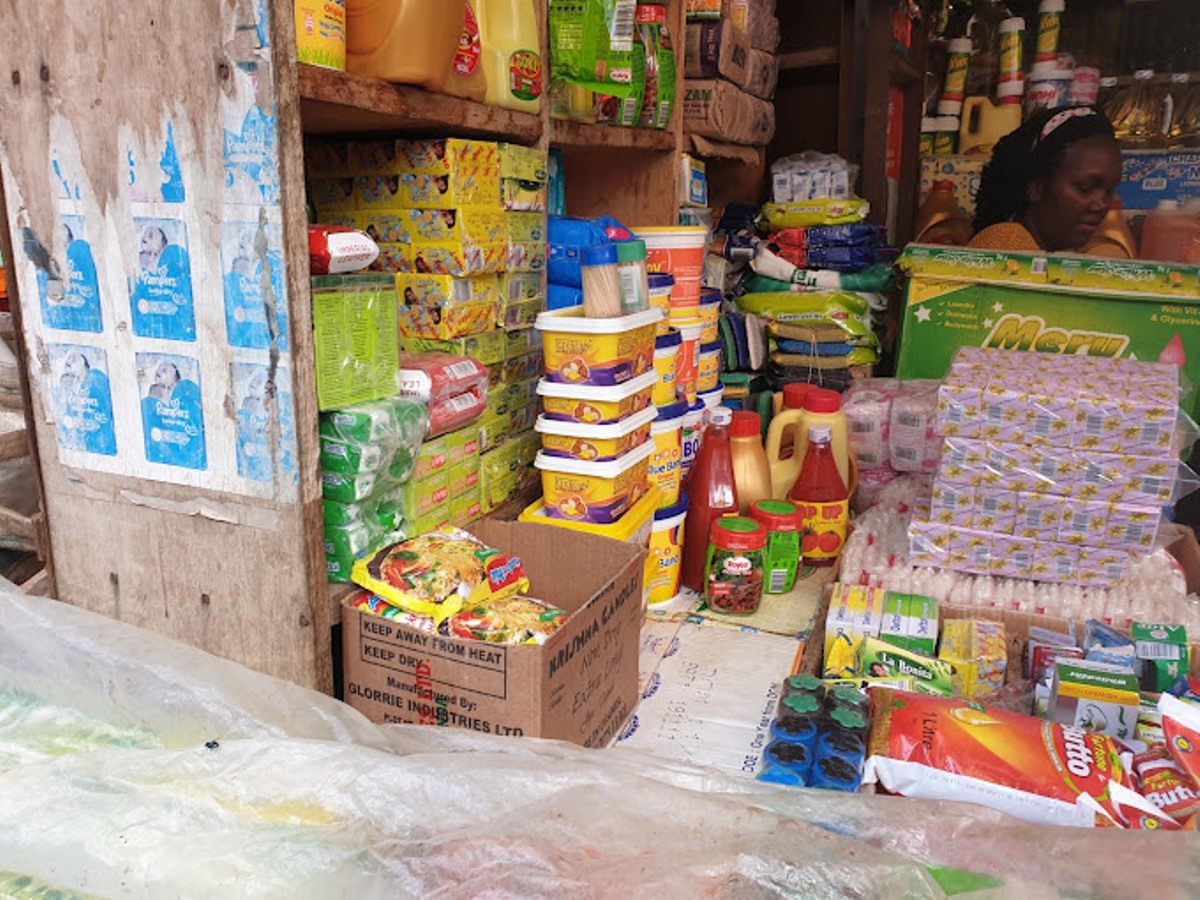 A photograph of a retail shop taken from Owino Market in Kampala, Uganda.