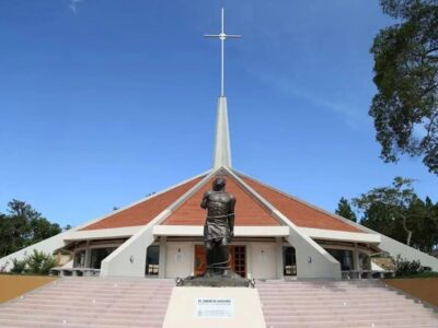 A photograph of the Munyonyo Martyrs' Shrine located in Kampala, Uganda.